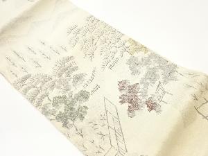 手織り紬木々風景模様織出し名古屋帯